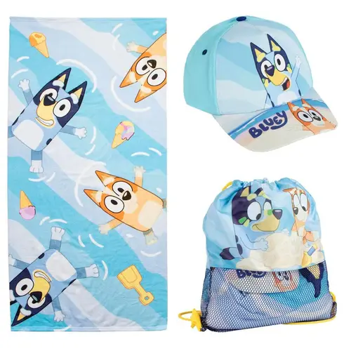 Bluey Bluey Strandlaken Zwemtas en Pet – Strandset Kind – Handdoek Tas en Cap – Strand Zwembad Vakantie