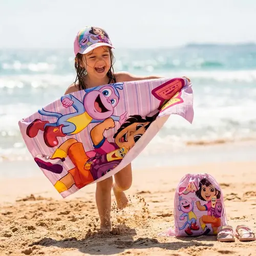 Nickelodeon Dora Strandlaken Zwemtas en Pet – Strandset Kind – Handdoek Tas Cap – Strand Zwembad Vakantie