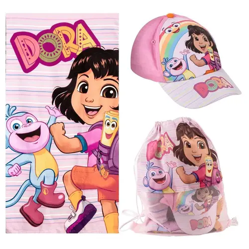 Nickelodeon Dora Strandlaken Zwemtas en Pet – Strandset Kind – Handdoek Tas Cap – Strand Zwembad Vakantie
