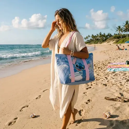 Disney Disney Stitch Strandtas – Grote Strandtas Dames – Shopper met Ritssluiting – Blauwe Strandtas met Schouderbanden