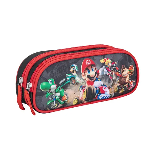 Super Mario Mario Kart pencil case boys black red – double pencil case with 2 compartments – school pencil case with zipper – ideal for pens and school supplies
