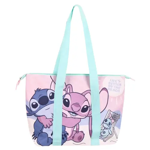 Disney Disney Stitch Strandtas – Grote Schoudertas met Angel – Lichtroze & Blauw – Ritsvak & Binnenvak