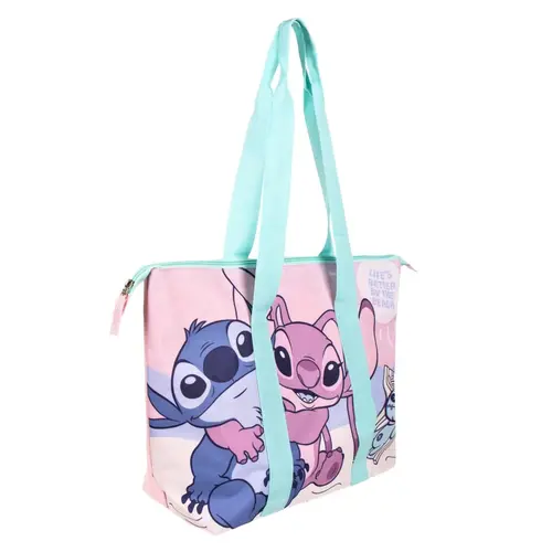 Disney Disney Stitch Strandtas – Grote Schoudertas met Angel – Lichtroze & Blauw – Ritsvak & Binnenvak