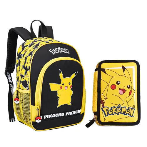 Pokemon Pokémon Pikachu Rugzak en Etui Set – Schooltas met Dubbel Etui – Zwart Geel – Officieel Gelicenseerd