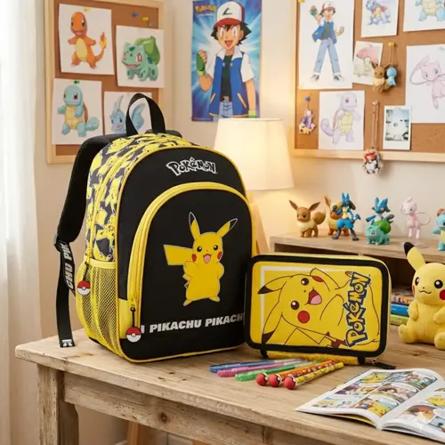 Pokemon Pokémon Pikachu Rugzak en Etui Set – Schooltas met Dubbel Etui – Zwart Geel – Officieel Gelicenseerd
