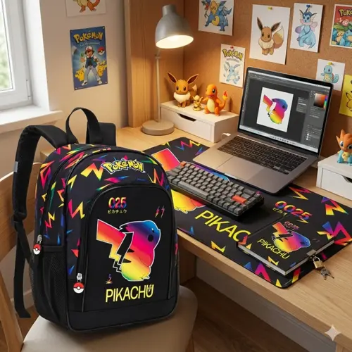 Pokemon Pokémon Pikachu Rugzak, Deskmat en Notebook Set – Schooltas met Bureauonderlegger en Notitieboek – Zwart – Officieel Gelicenseerd