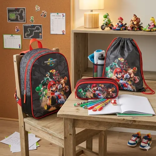 Super Mario Mario Kart World Rucksack Set mit Federmäppchen und Turnbeutel – Schulrucksack Kinder – Nintendo Mario Tasche – Jungen – Schwarz Rot – 32 CM