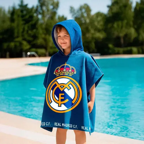 Real Madrid Real Madrid Poncho voor Kinderen – Blauw – 55 x 110 cm – Sneldrogende Kinderponcho met Capuchon – Officieel Gelicenseerd