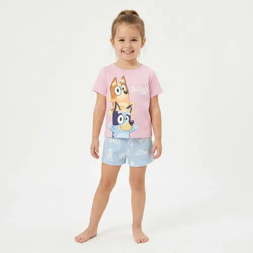 Bluey Bluey en Bingo Shortama Meisjes Roze en Lichtblauw - Korte Pyjama met T-shirt en Short - Officieel Gelicenseerd