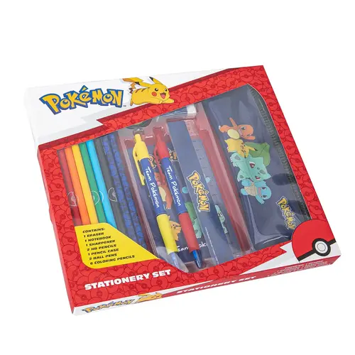 Pokemon Pokémon Schrijfset met Etui Kleurpotloden Notitieboek Liniaal Pennen Officieel Gelicenseerd