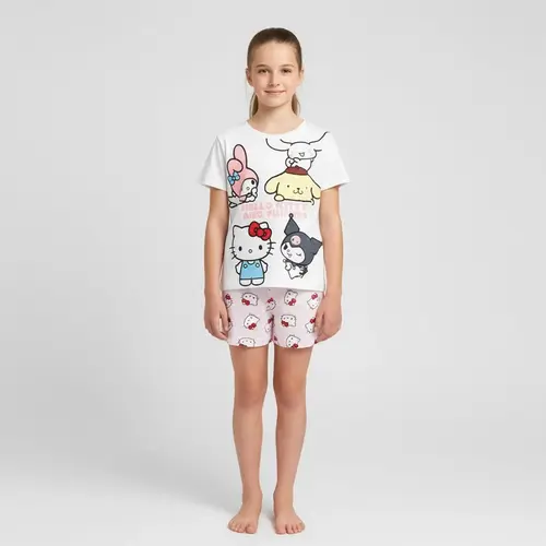 Hello Kitty Hello Kitty and Friends Shortama Meisjes Wit Roze – Tweedelige Zomerset met Hello Kitty My Melody Kuromi en Cinnamoroll – Officiële Sanrio Merchandise