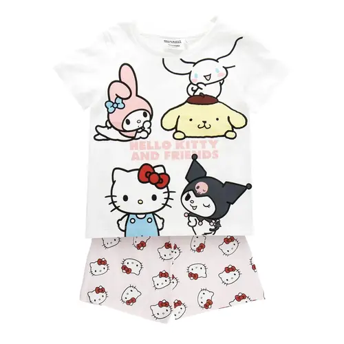 Hello Kitty Hello Kitty and Friends Shortama Meisjes Wit Roze – Tweedelige Zomerset met Hello Kitty My Melody Kuromi en Cinnamoroll – Officiële Sanrio Merchandise