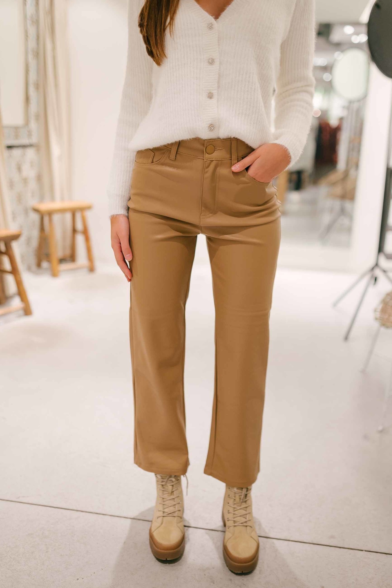 Pantalon Simili Cuir Beige