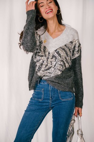 JUNA pull gris pailleté