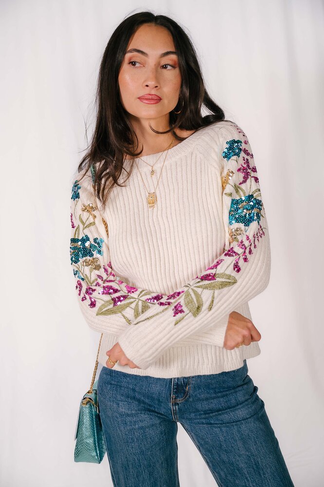 CELIA pull beige a fleurs strass CELIA pull beige a fleurs strass