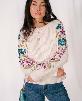 CELIA pull beige a fleurs strass