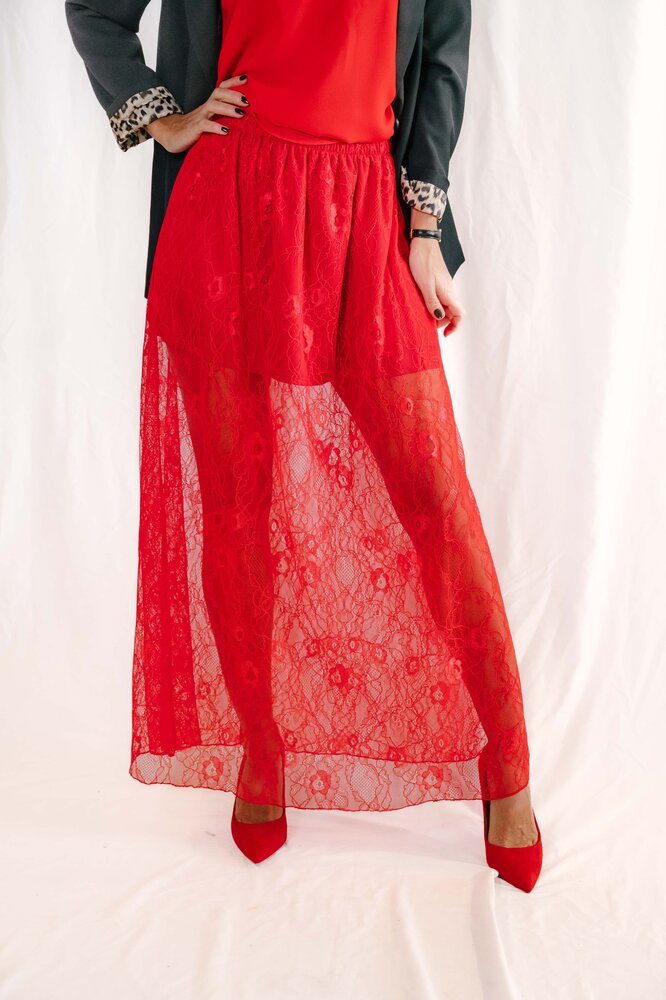DELINA jupe longue en dentelle rouge DELINA jupe longue en dentelle rouge