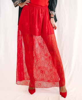 DELINA jupe longue en dentelle rouge