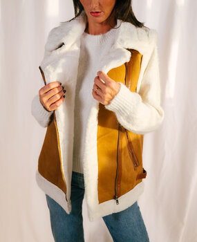 FLORI veste sans manches camel fourrure