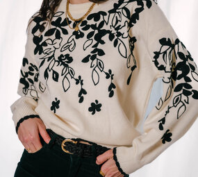VELIA pull blanc motifs noir végétal