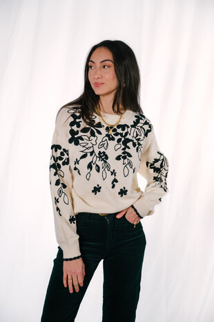 VELIA pull blanc motifs noir végétal VELIA pull blanc motifs noir végétal
