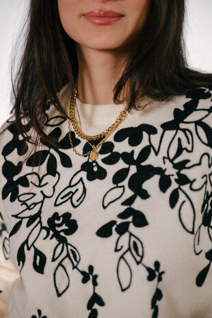 VELIA pull blanc motifs noir végétal VELIA pull blanc motifs noir végétal