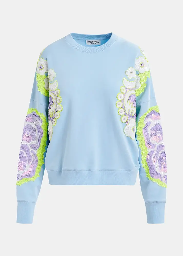 ESSENTIEL HECRAZY sweatshirt en coton bio bleu clair, vert et violet à manches brodées ESSENTIEL HECRAZY sweatshirt en coton bio bleu clair, vert et violet à manches brodées