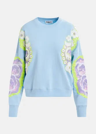 ESSENTIEL HECRAZY sweatshirt en coton bio bleu clair, vert et violet à manches brodées ESSENTIEL HECRAZY sweatshirt en coton bio bleu clair, vert et violet à manches brodées