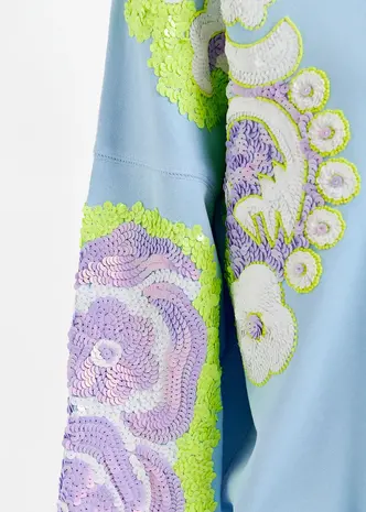 ESSENTIEL HECRAZY sweatshirt en coton bio bleu clair, vert et violet à manches brodées ESSENTIEL HECRAZY sweatshirt en coton bio bleu clair, vert et violet à manches brodées