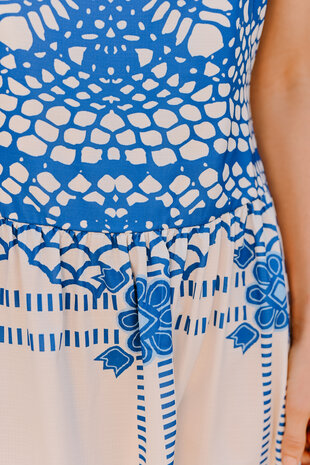 SANTORINI longue robe bleu/blanc