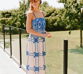 SANTORINI longue robe bleu/blanc