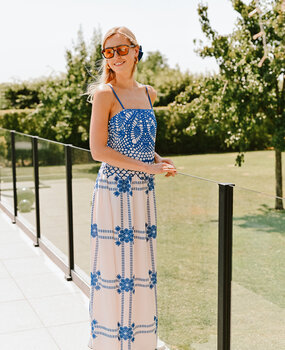 SANTORINI longue robe bleu/blanc