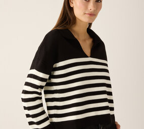 MORE & MORE Pull à rayures avec collier noir/blanc cassé
