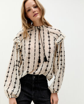 Blouse en mousseline de soie brodée offwhite/black