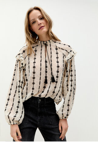 Blouse en mousseline de soie brodée offwhite/black Blouse en mousseline de soie brodée offwhite/black