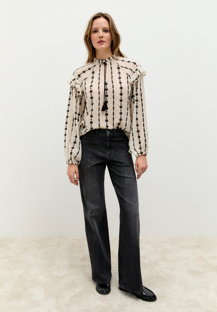 MORE & MORE Blouse en mousseline de soie brodée offwhite/black