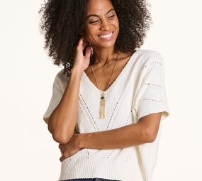 Pull ample  en maille ajourée manches courtes écru