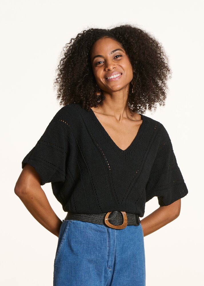 Pull ample en maille ajourée manches courtes noir Pull ample en maille ajourée manches courtes noir