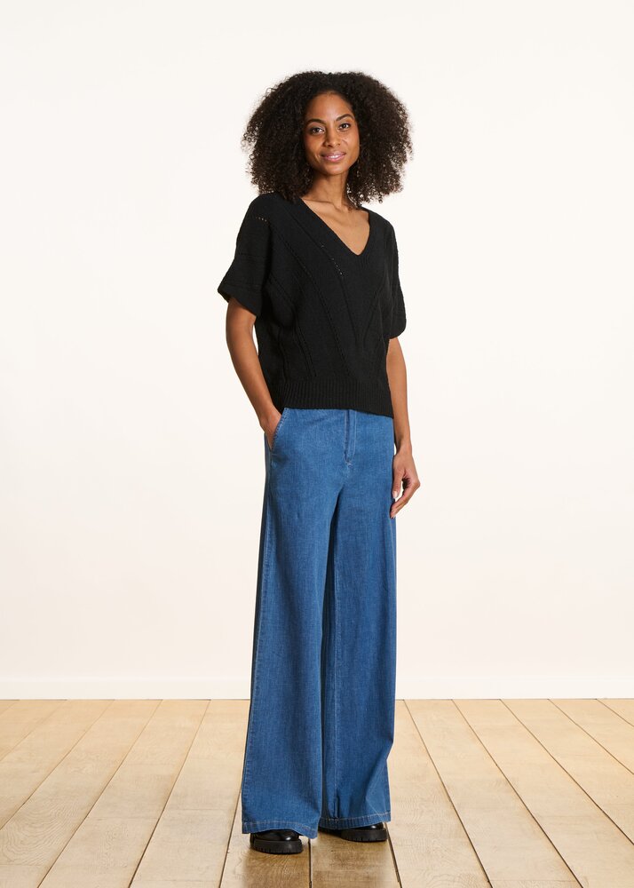 LA FEE MARABOUTEE Pull ample  en maille ajourée manches courtes noir
