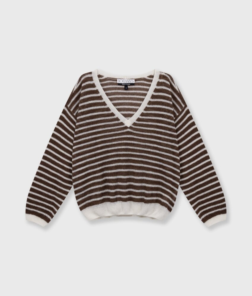 Pull fin en maille à col en V ecru/dark truffle