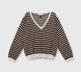 Pull fin en maille à col en V ecru/dark truffle