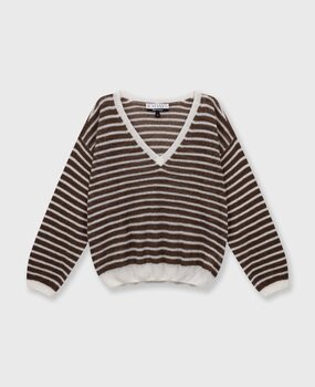 Pull fin en maille à col en V ecru/dark truffle
