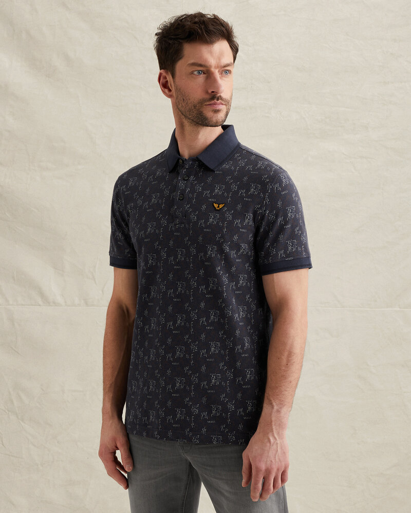 Polo avec imprimé intégral et col en maille côtelée bleu Polo avec imprimé intégral et col en maille côtelée bleu