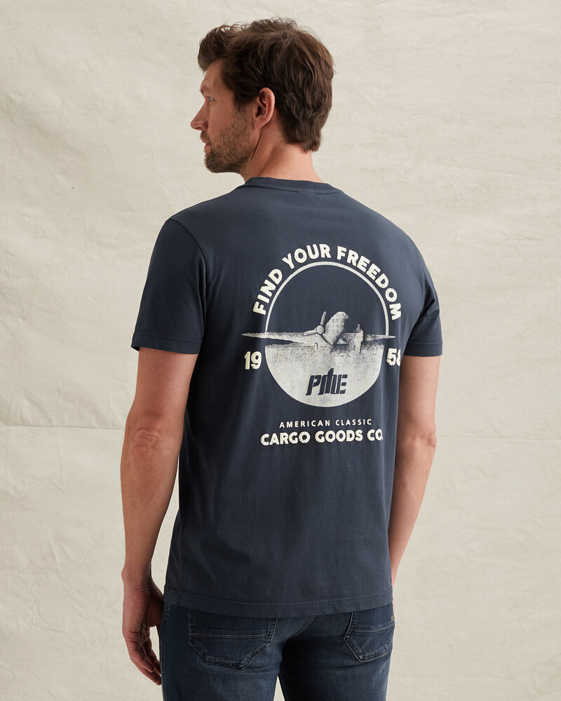 T-shirt avec lavage teint en vêtement et graphisme bleu T-shirt avec lavage teint en vêtement et graphisme bleu