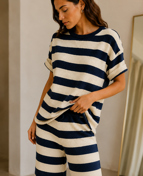 Ensemble Rayé Bleu Marine & Écru NERINA Ensemble Rayé Bleu Marine & Écru NERINA
