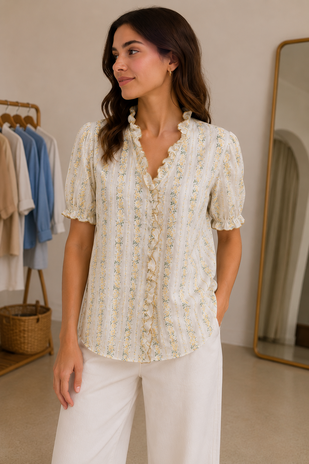 Chemise Fleurie Écrue à Volants EVELIA Chemise Fleurie Écrue à Volants EVELIA