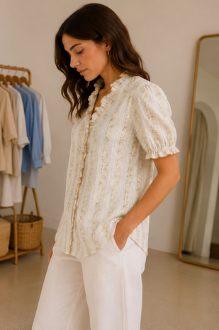 Chemise Fleurie Écrue à Volants EVELIA Chemise Fleurie Écrue à Volants EVELIA