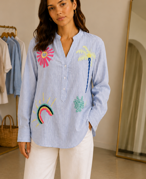 Chemise oversize bleu ciel brodée femme SELENO Chemise oversize bleu ciel brodée femme SELENO