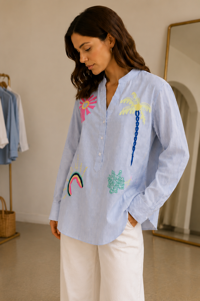 Chemise oversize bleu ciel brodée femme SELENO Chemise oversize bleu ciel brodée femme SELENO