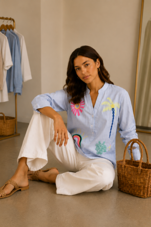 Chemise oversize bleu ciel brodée femme SELENO Chemise oversize bleu ciel brodée femme SELENO